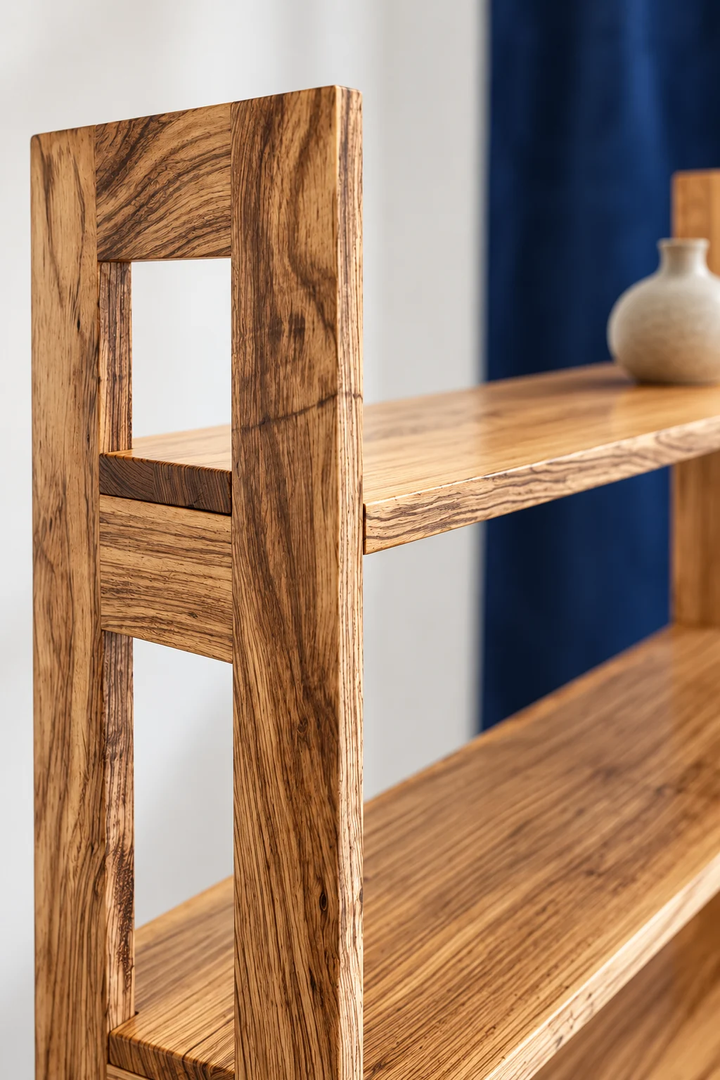 Beli bookcase upper side frame and shelf showing its striped hardwood grain