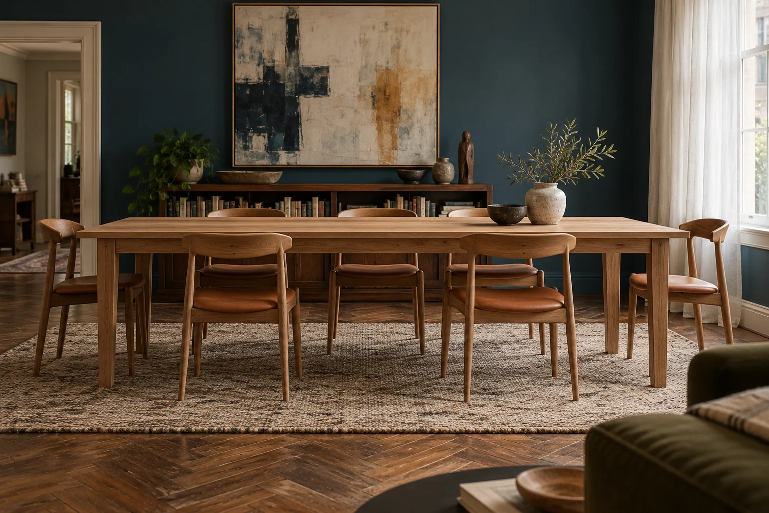 White oak dining table in a furnished townhouse with blue walls and artwork