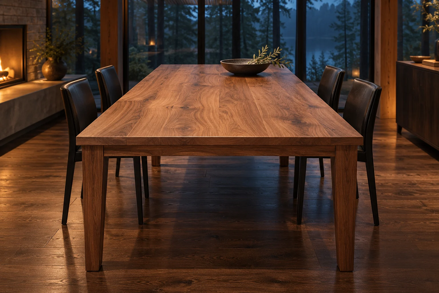 Walnut dining table in a glass house
